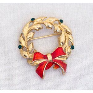 Vintage Golden Leaves Wreath Gold Tone Advent Wreath Red Ribbon Brooch - A9